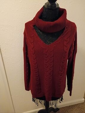 Elegant Maroon Cable Knit Turtleneck Sweater